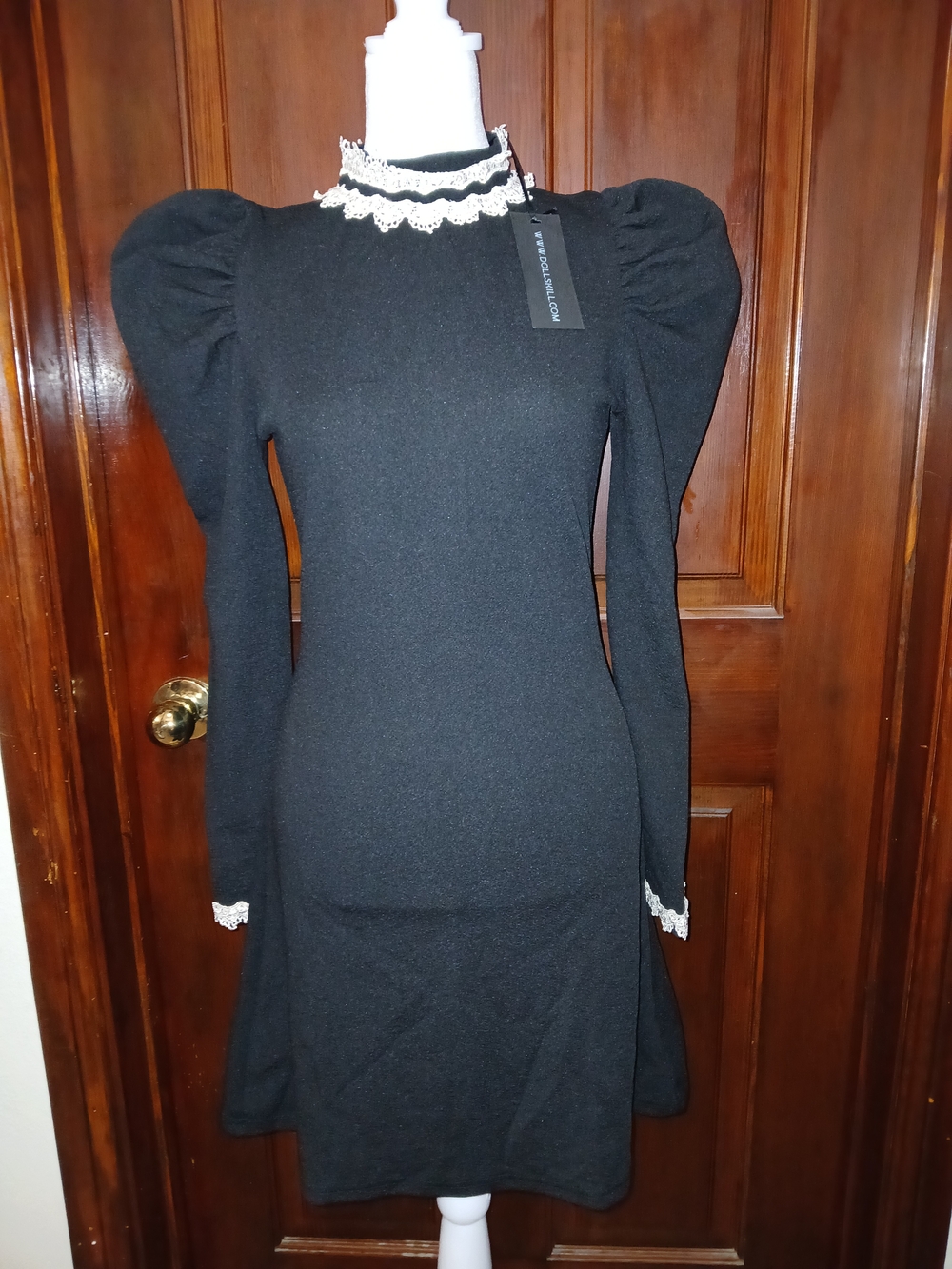 WIDOW Victorian Black Lace-Trim Puff Sleeve Mini Dress